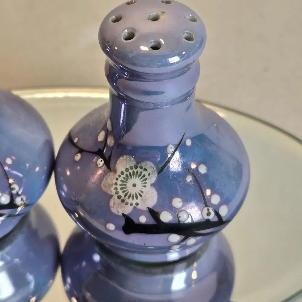 Vintage Japan Lusterware S&P Shakers - Iridescent Purple Cherry Blossom